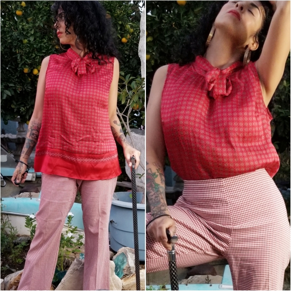 Funky geometric print blouse with bow tie